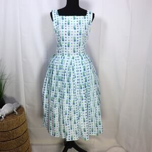 Vintage 1950s Blue Floral Fit Flare Dress Full Skirt